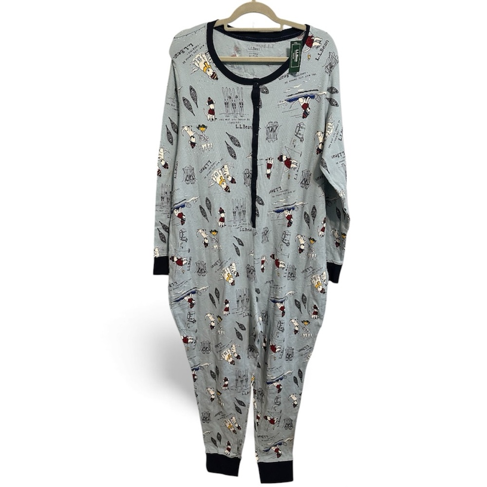 NWT LL Bean Blue Ski Dogs Waffle KnitOne-Piece Unionsuit Pajama